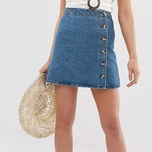 ASOS DESIGN denim wrap skirt with buttons in midwash blue Size 8